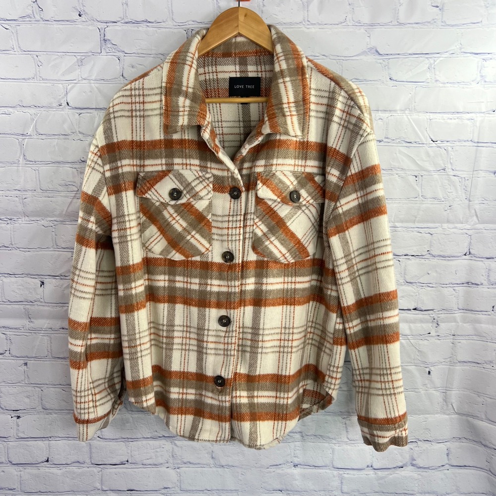 Love Tree Woman's Shacket Plaid Orange and Cream Medium